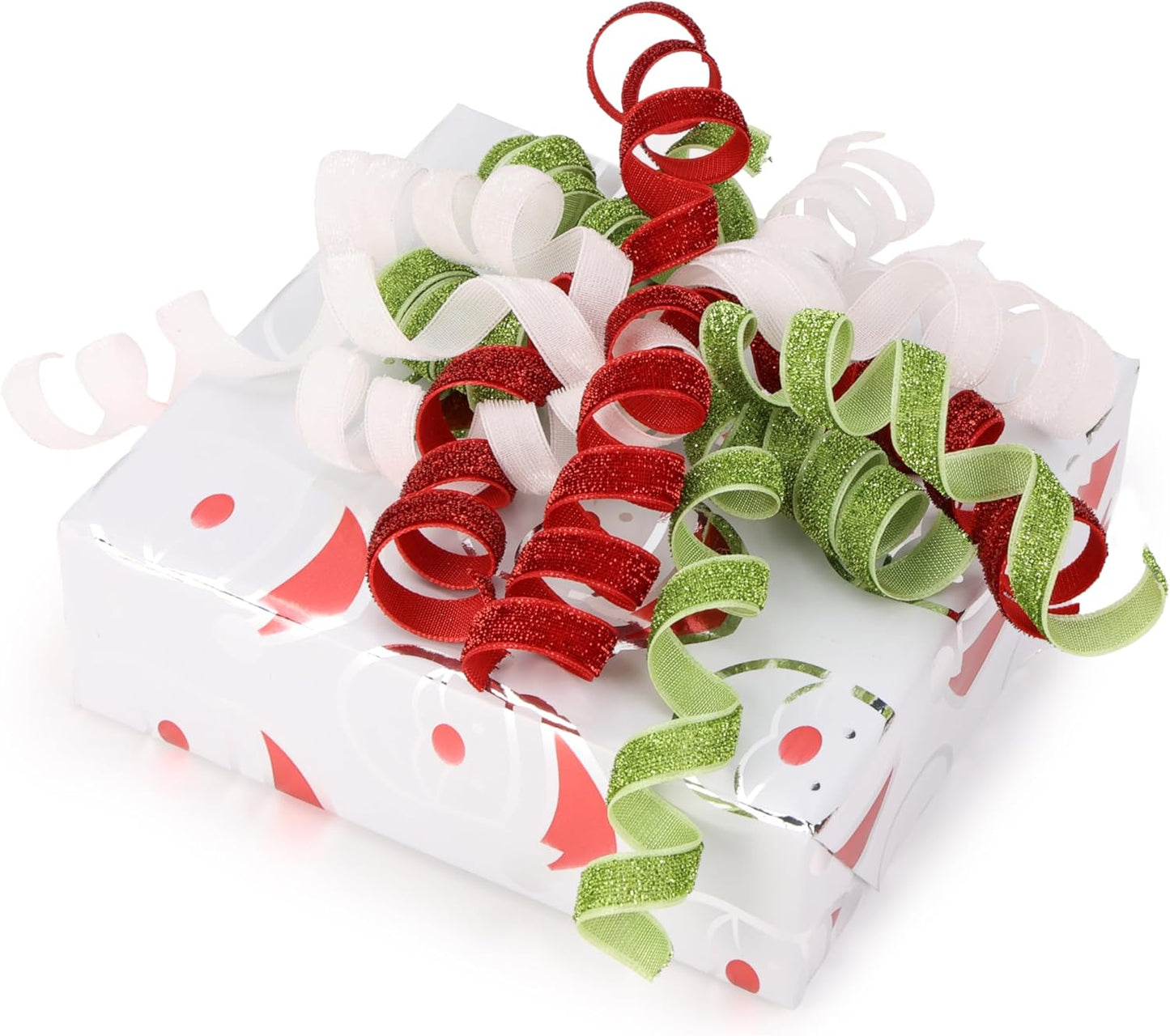 6" Metallic Glitter Red and Lime Green Self Adhesive Curly Ribbon Gift Wrap Bows for Christmas, Holiday, Birthday, Wedding, Presents, Party Favors Decorations 6-Count