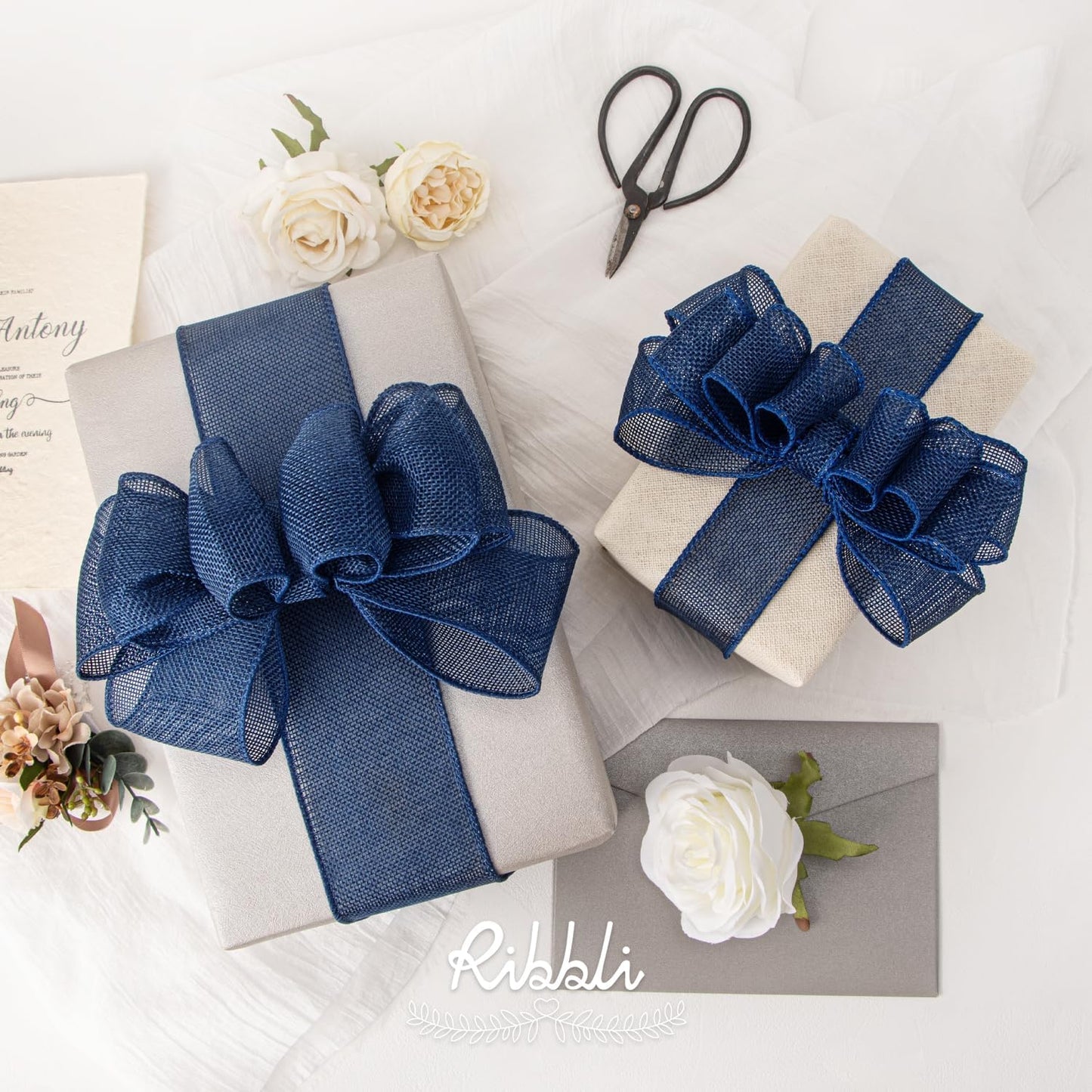 Ribbli Navy Burlap Wired Ribbon,1-1/2 Inch x 10 Yard, Wired Edge Ribbon for Big Bow,Wreath,Tree Decoration,Outdoor Decoration