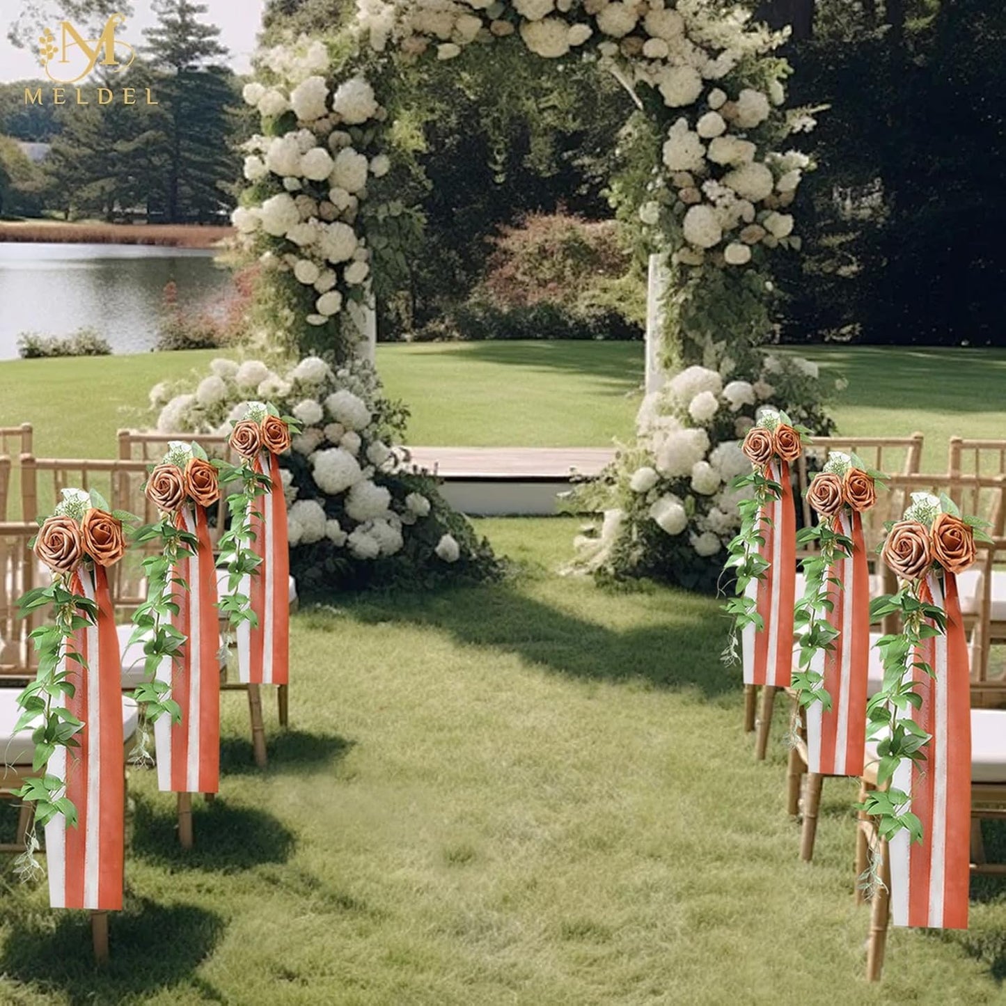 Meldel 10Pcs Wedding Chair Decorations Aisle Flowers Swag Artificial Flower Ivory Orange Garland with Ribbion for Ceremony Reception Church Rose Floral Faux Arrangement Party Outdoor Pew Decor