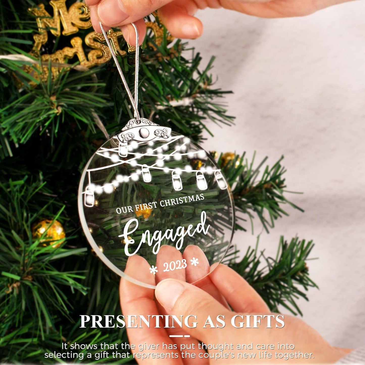 Our First Christmas 'Engaged' Ornament - Engagement & Wedding Gift, Glass Bridal Shower Ornament for Couples