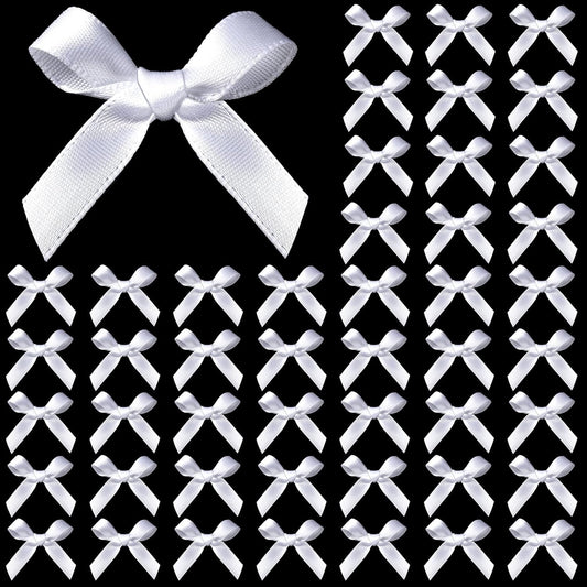 YGDZ 50 PCS Mini White Bows, Small Stain Ribbon White Bow for Crafts, Tiny Bows Decorations for Gift Wrapping, Wedding Party Favors, Cake, Balloons