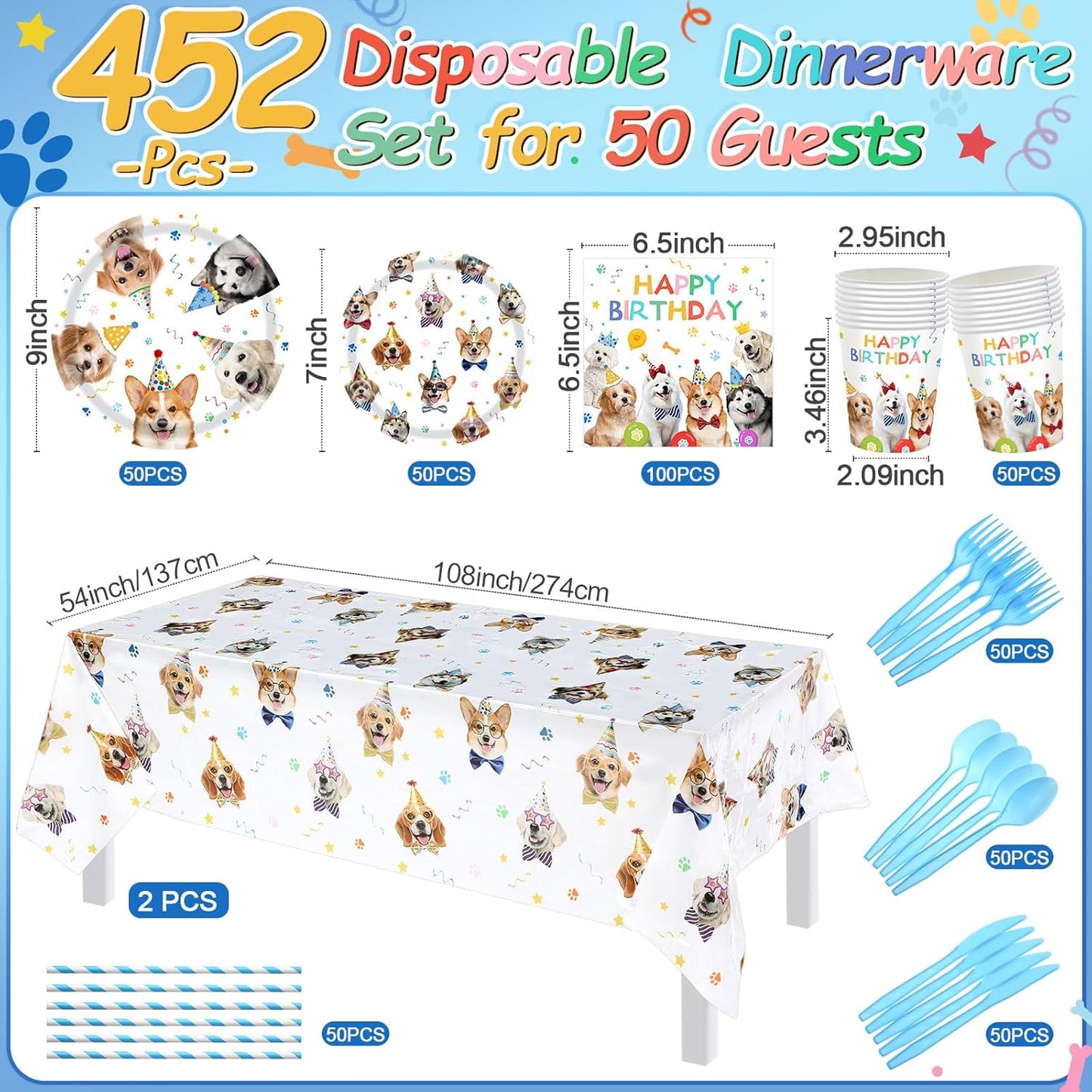 452 Pcs Dog Birthday Party Decorations for 50 Guests Include Dog Paper Plates Napkins Cups Tablecloth Cutlery Straws Puppy Party Tableware for Puppy Theme Birthday Supplies