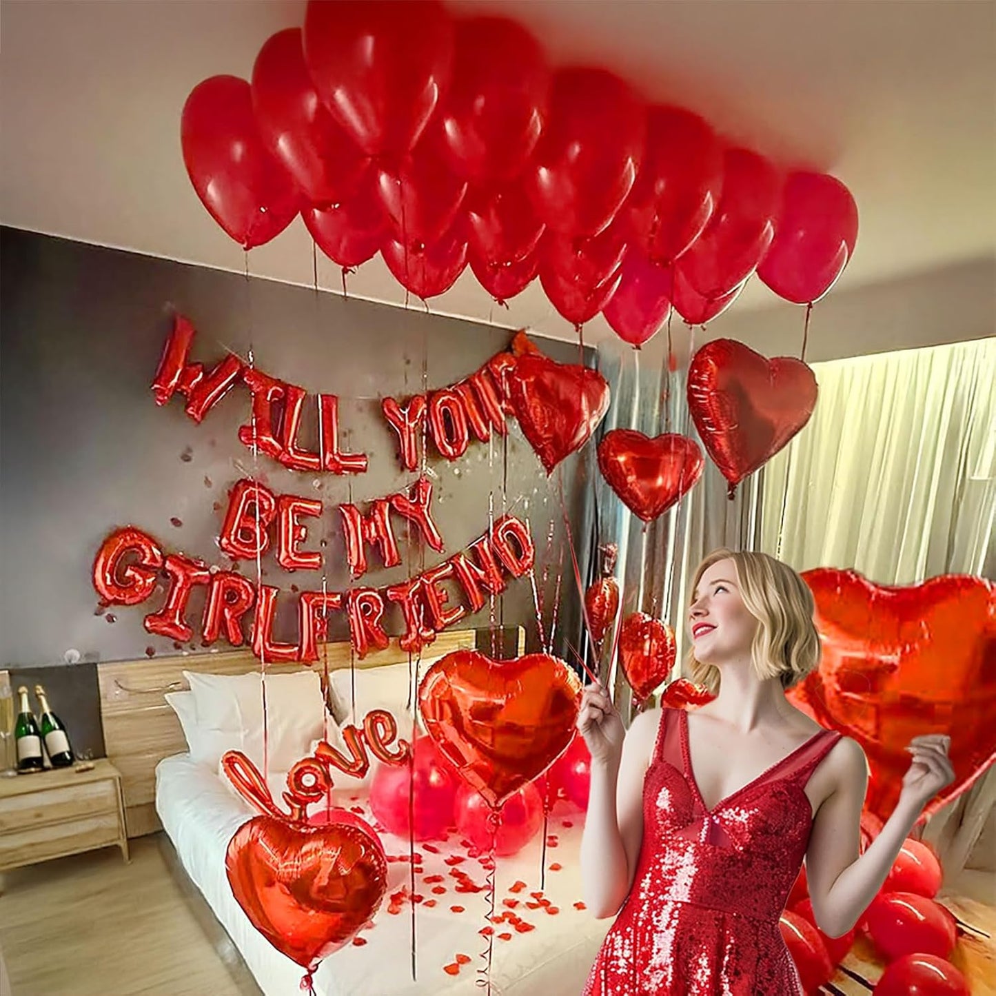 16 Inches Red 'WILL YOU BE MY GIRLFRIEND' Confession Letter Balloons with red balloons,Heart-Shape, lips, love Foil Balloons and Rose Petals for Romantic Special Night Decorations and Valentines Day