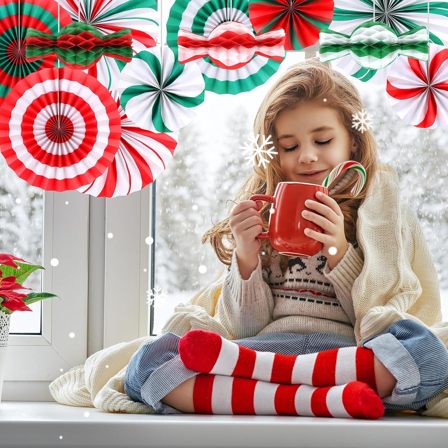 12 PCS Candy Hanging Paper Fans Christmas Candy Decorations Red Green White Christmas Party Decorations Christmas Party Decorations Christmas Wall Decorations Hanging Christmas Decorations