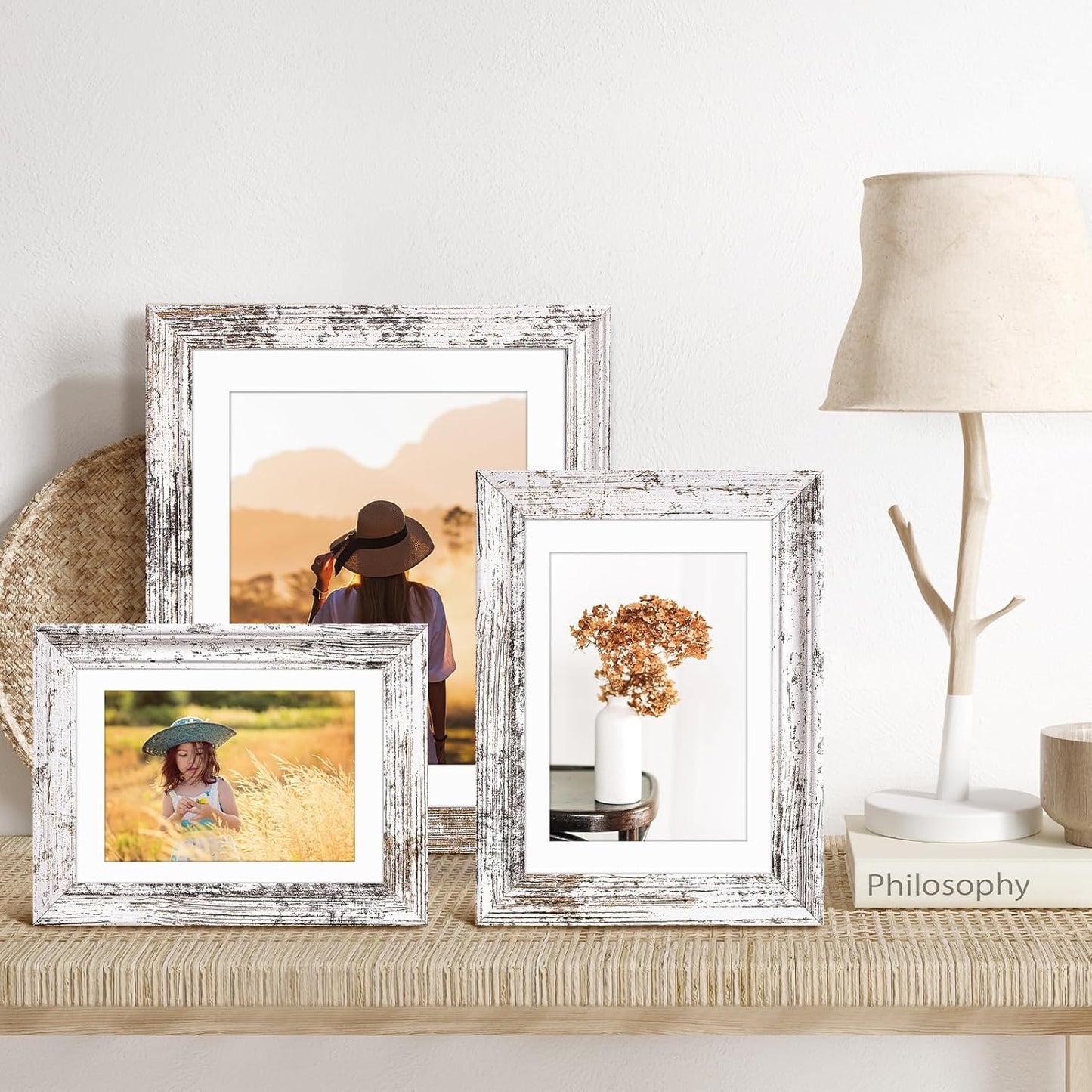 TWING 5x7 Picture Frames Set of 6,Display Pictures 4x6 with Mat or 5x7 Without Mat,Rustic Picture Frames Collage Photo Frame for Tabletop and Wall Mounting,Rustic White,Wave Texture