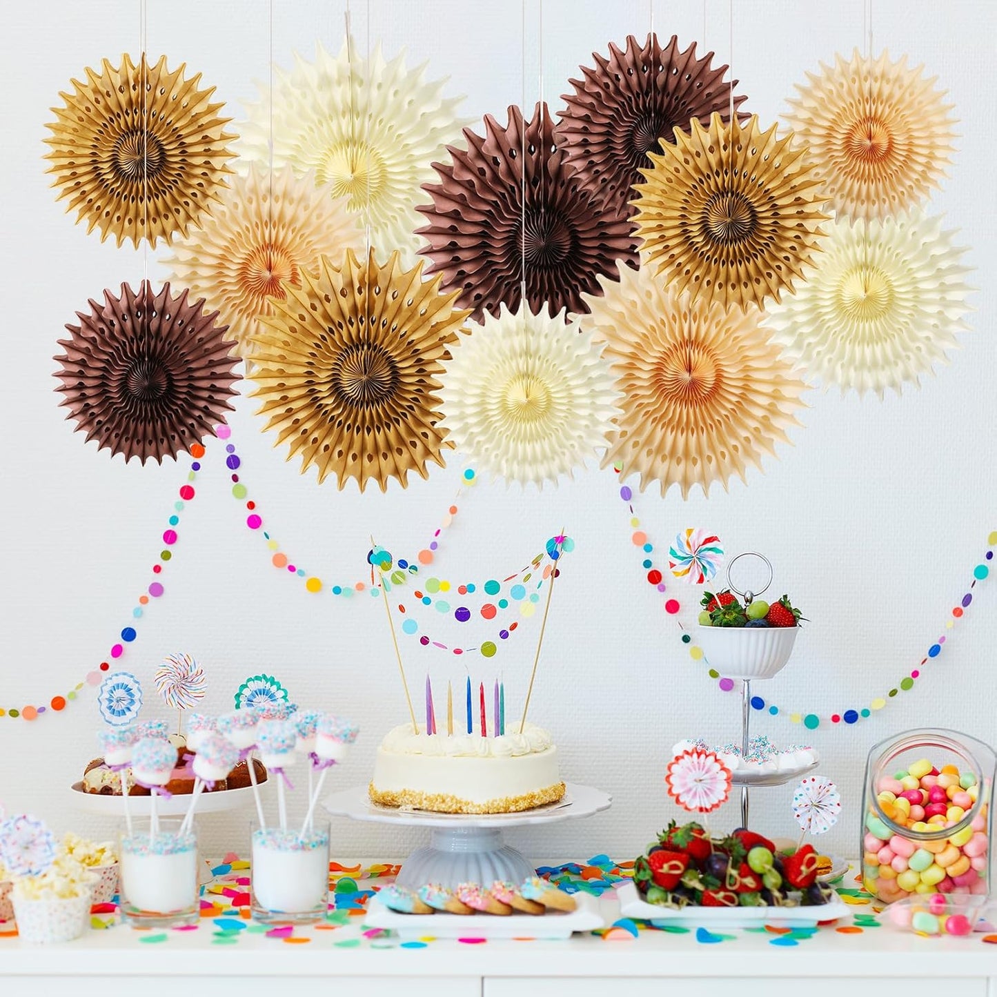 12PCS Paper Fans Brown Neutral Boho Party Decorations Tissue Paper Flowers Decorations for Girl Groovy Birthday Baby Shower Wedding Bachelorette Room Wall Hanging Décor