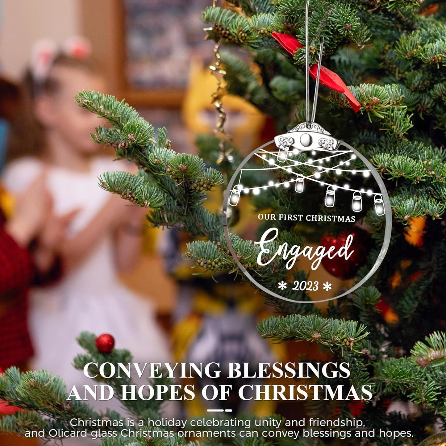 Our First Christmas 'Engaged' Ornament - Engagement & Wedding Gift, Glass Bridal Shower Ornament for Couples