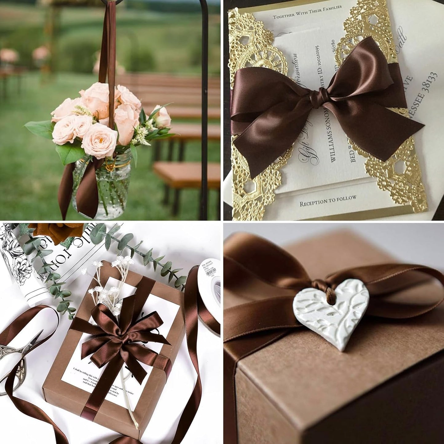 1-1/2" x 50 Yards Brown Satin Ribbon Single Faced Fabric Ribbons for Gift Wrapping, Crafting, Floral Arrangements, Flower Bouquet, Wedding, Home Decor