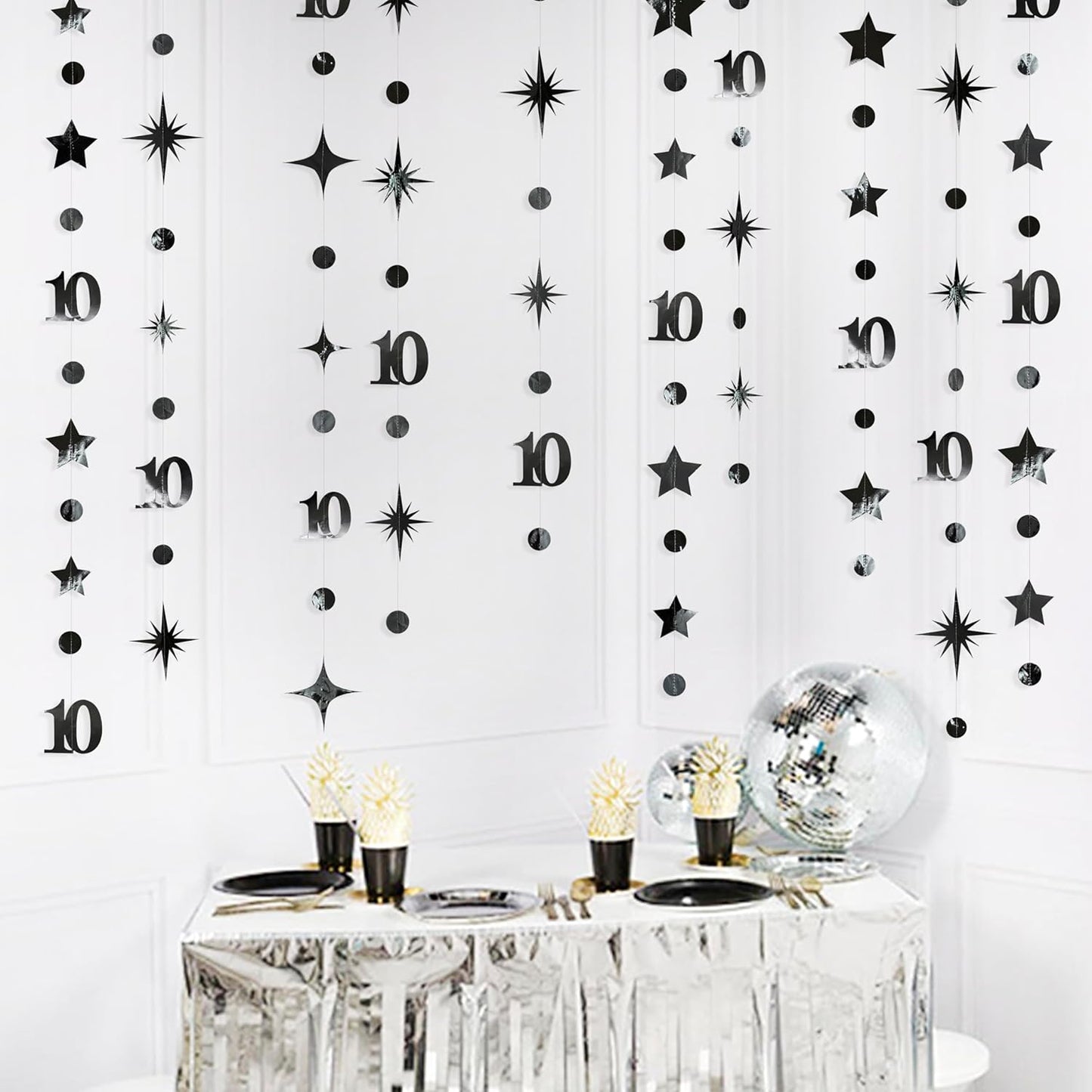 Black 10th Birthday Decorations Number 10 Circle Dot Twinkle Star Garland Metallic Hanging Streamer Banner Backdrop for Girls Boys Double Digits Ten Year Old Birthday 10th Anniversary Party Supplies