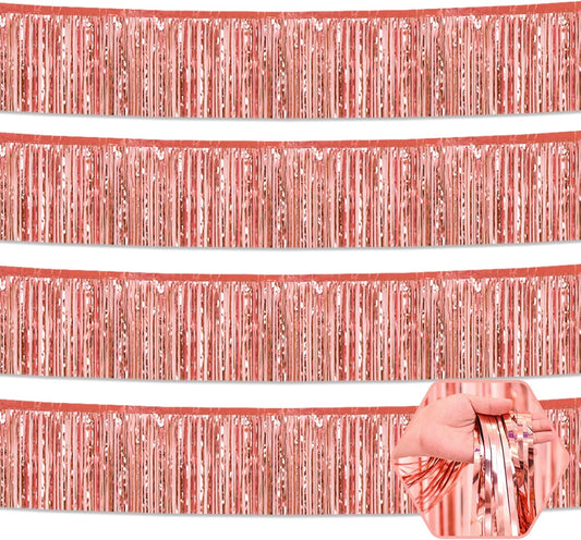 4 Pack 10 Feet Rose Gold Foil Fringe Garland Metallic Tinsel Streamers Banner Wall Hanging Curtain Backdrop for Parade Floats, Wedding, Graduate, Mother's Day, Birthday Party Decoration