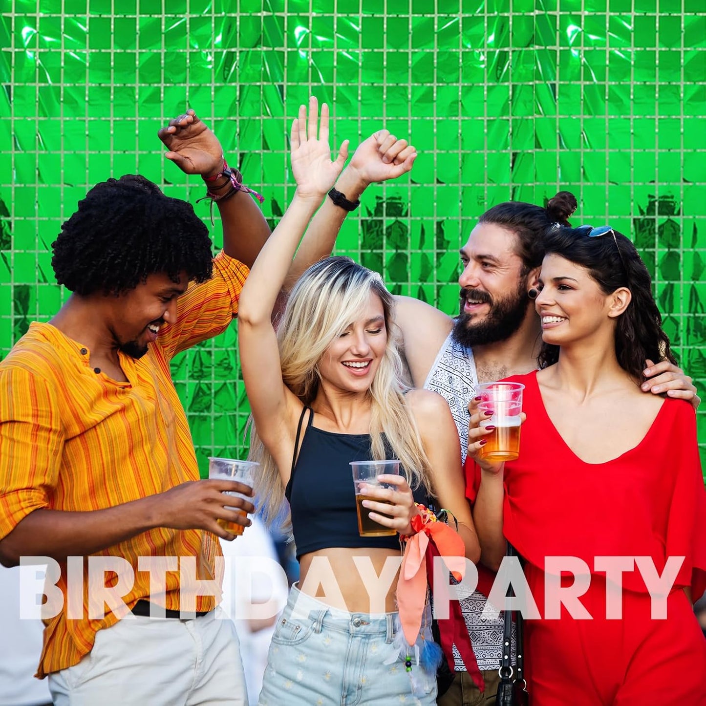 PADELO 2 Pcs Green Foil Fringe Square Curtain Backdrop - Blue Streamers Party Decorations, Sequin Square Curtain Photo Backdrop Props for Birthday Party Dinosaur Jungle Football Decor, 3.3 x 6.6 Ft