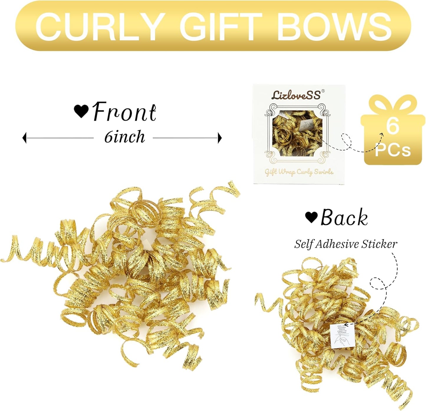 6" Metallic Gold Christmas Curly Ribbon Bows for Gift Wrapping Self Adhesive Gift Bows for Holiday Decor, Baskets, Birthday, Wedding, Presents, Party Favors Decorations 6 Counts