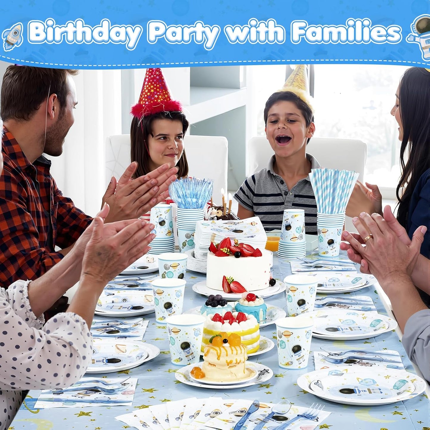 452 Pcs Space Themed Party Decorations for 50, Blue Space Astronaut Paper Plates Napkins Cups Tablecloth Cutlery Straws for First Trip Around The Sun Planet Birthday Baby Shower Party Supply