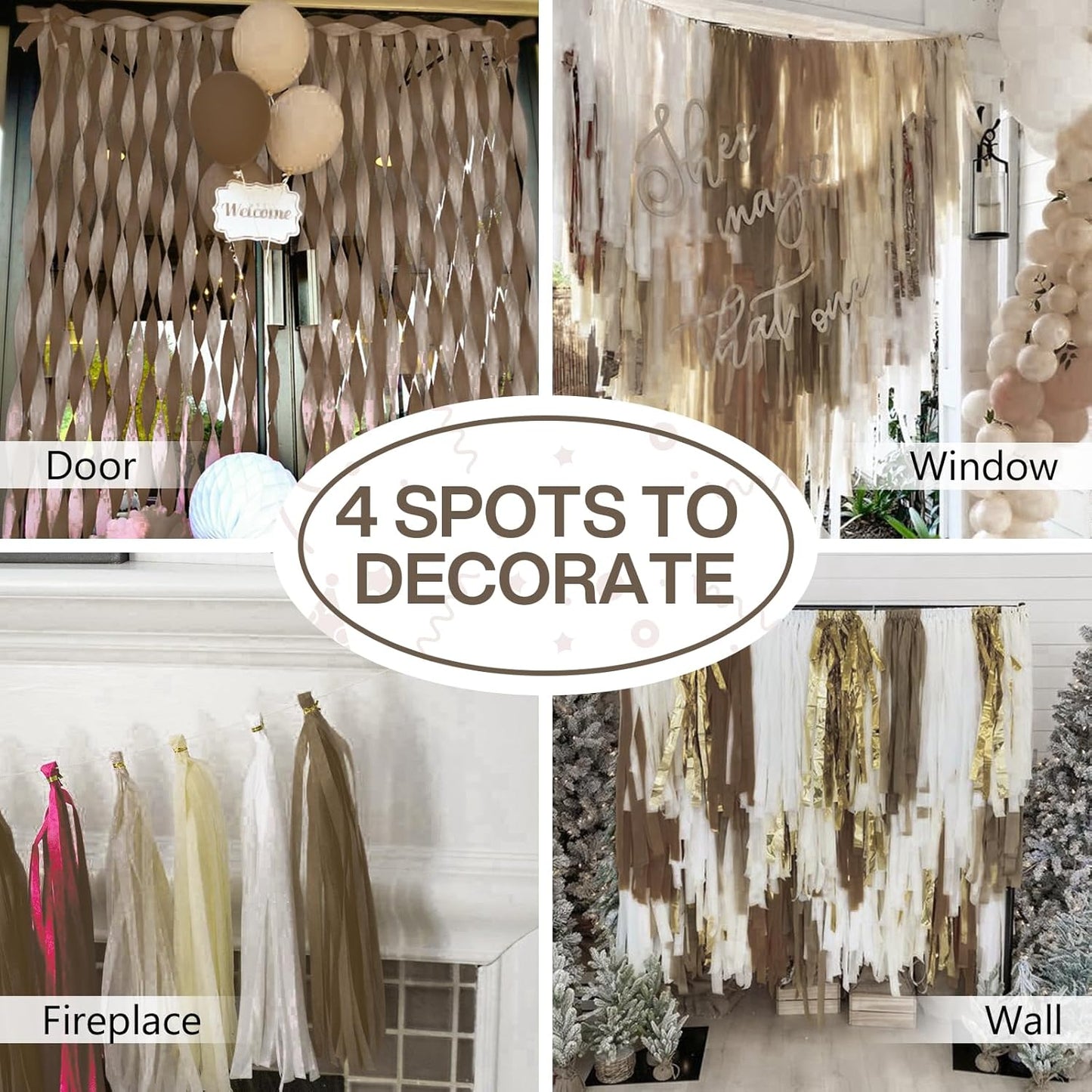 PartyWoo Brown Crepe Paper Streamers 4pcs 328ft Pack of Boho Neutral Crepe Paper Streamers for Birthday Baby Shower Wedding Graduation Anniversary Retirement Woodland Jungle Theme Party Decorations