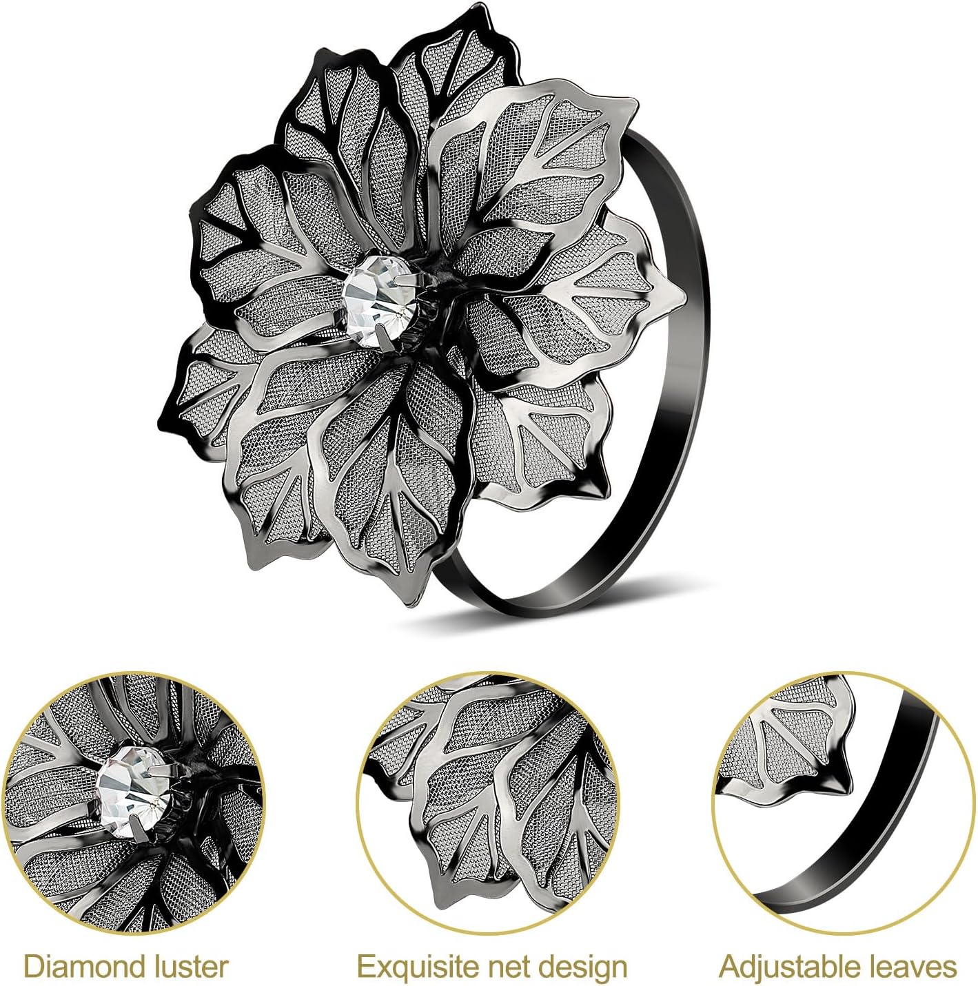 KPOSIYA Flower Napkin Rings Holder Metal Black Napkin Rings Set of 12 for Wedding Party Holiday Banquet Christmas Dinner Delicate Serviette Buckles Decor Favor (12, Black)