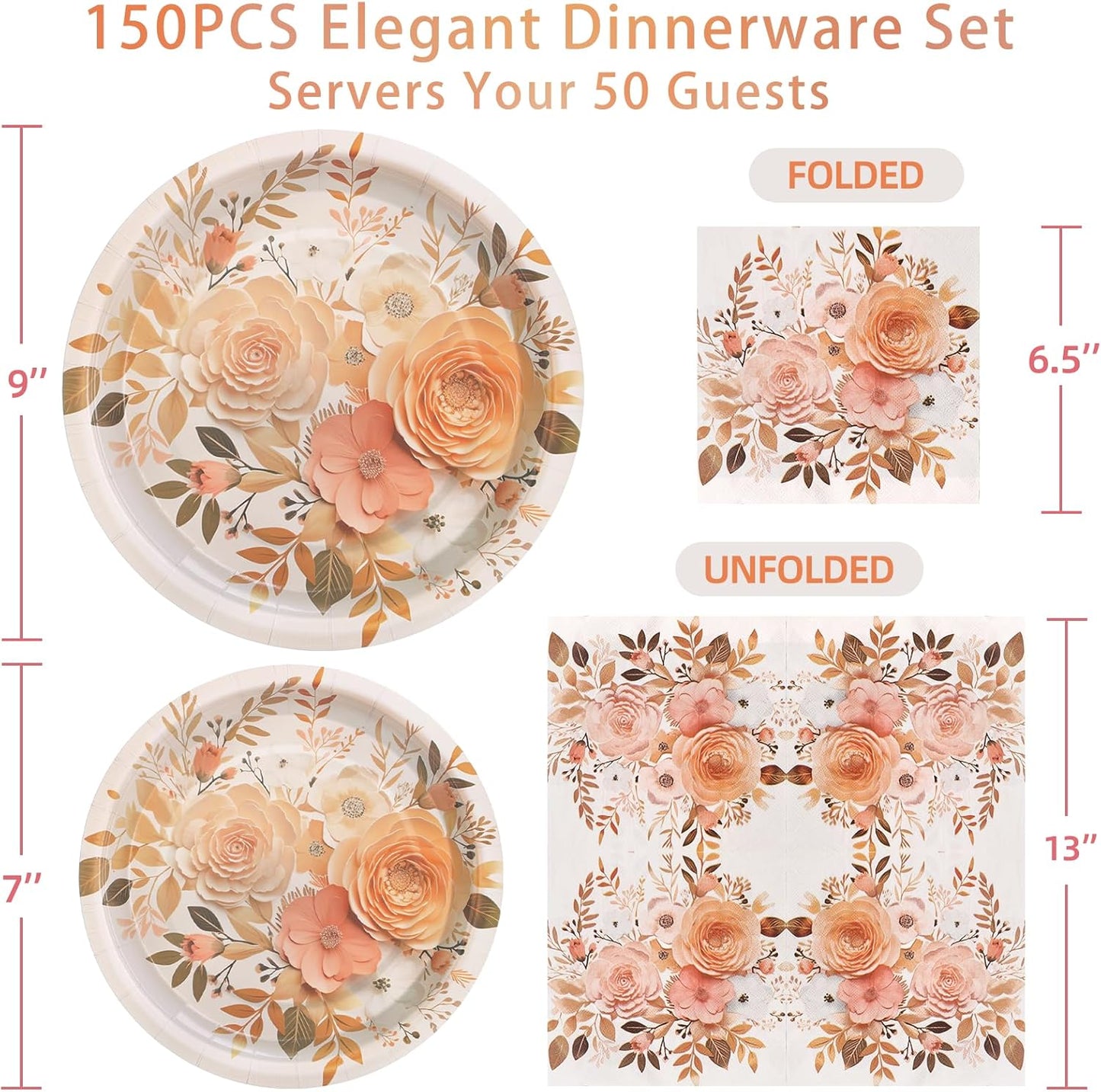 Boho Fall Plates and Napkins Sets, Floral Paper Plates Supplies Serves 50 for Boho Birthday Party Decorations,150PCS