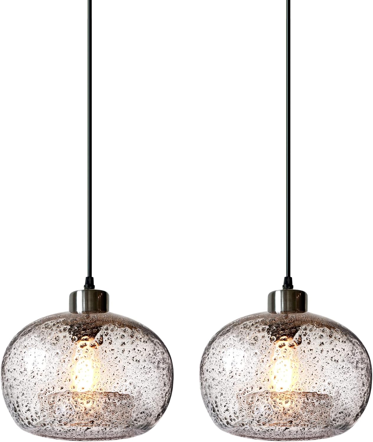 CASAMOTION Pendant Lights Kitchen Island,Clear Seeded Glass with Black Sand Powder,Modern Farmhouse Ceiling Hanging Lighting Fixtures,Dining Room Table Bedroom Oval Globe 8.7 Inch Diam 2 Pack