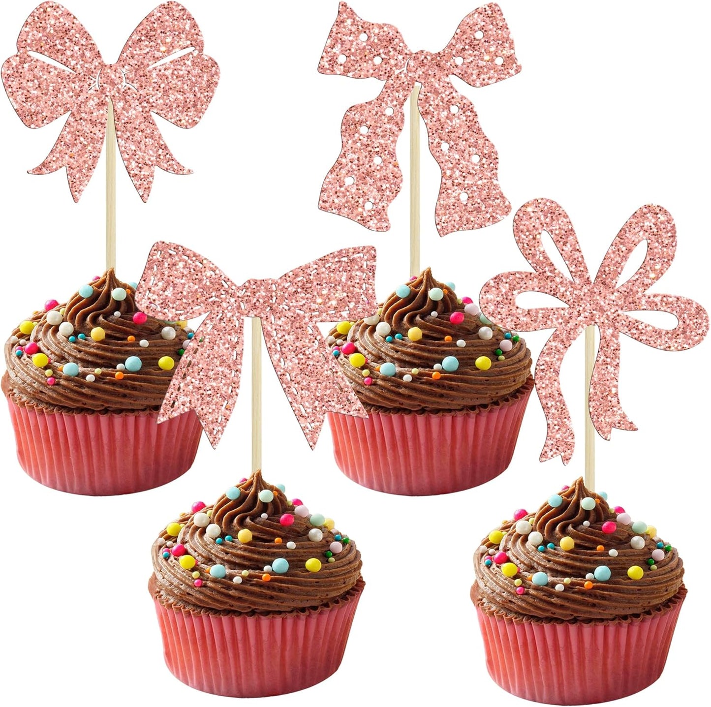 Ephlyn 24Pcs Bow Cupcake Toppers Bow Birthday Cake Topper Girls Birthday Party Decorations Bowknot Cupcake Decorations for Bridal Baby Shower Birthday Wedding Themed Party Rose Gold