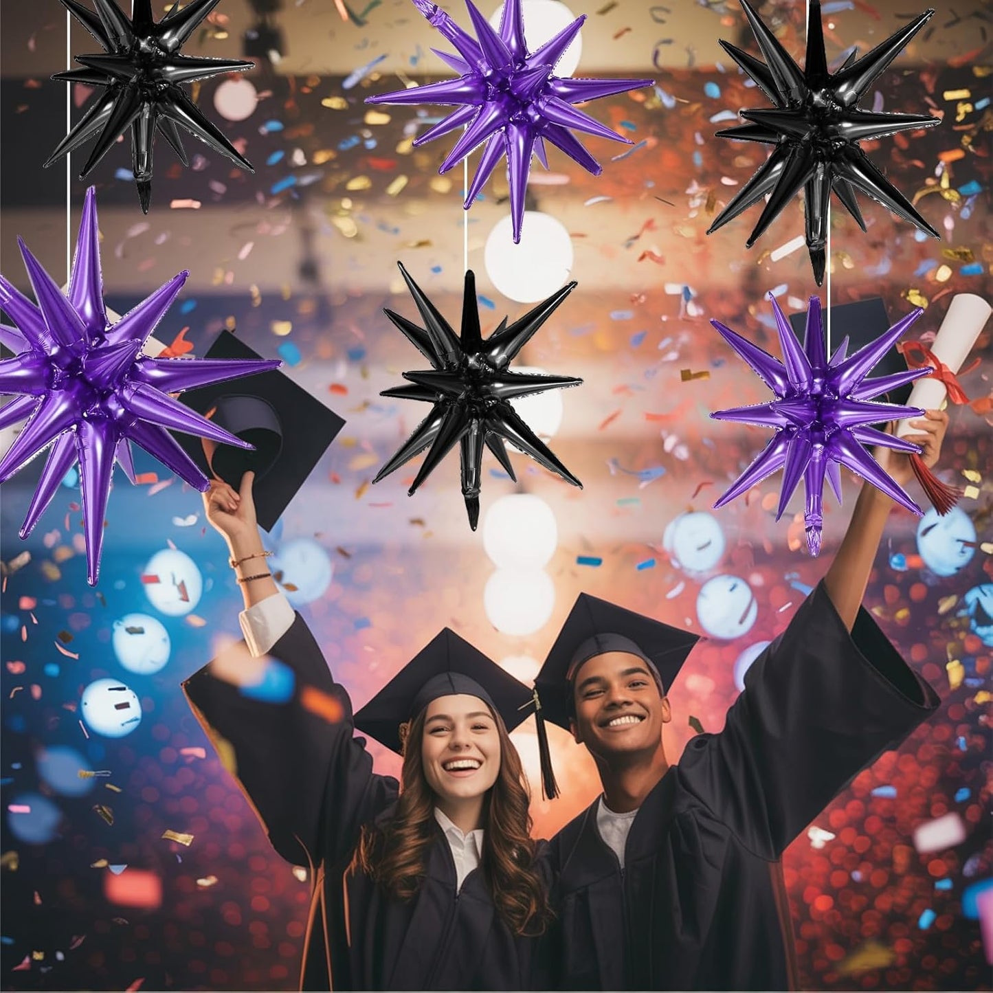 Black Purple Star Balloons,9Pcs 22Inch Black Purple Explosion Spike Cone Helium Polyester Film Star Foil Balloons for Birthday Halloween Anniversary Baby Shower Party Decorations