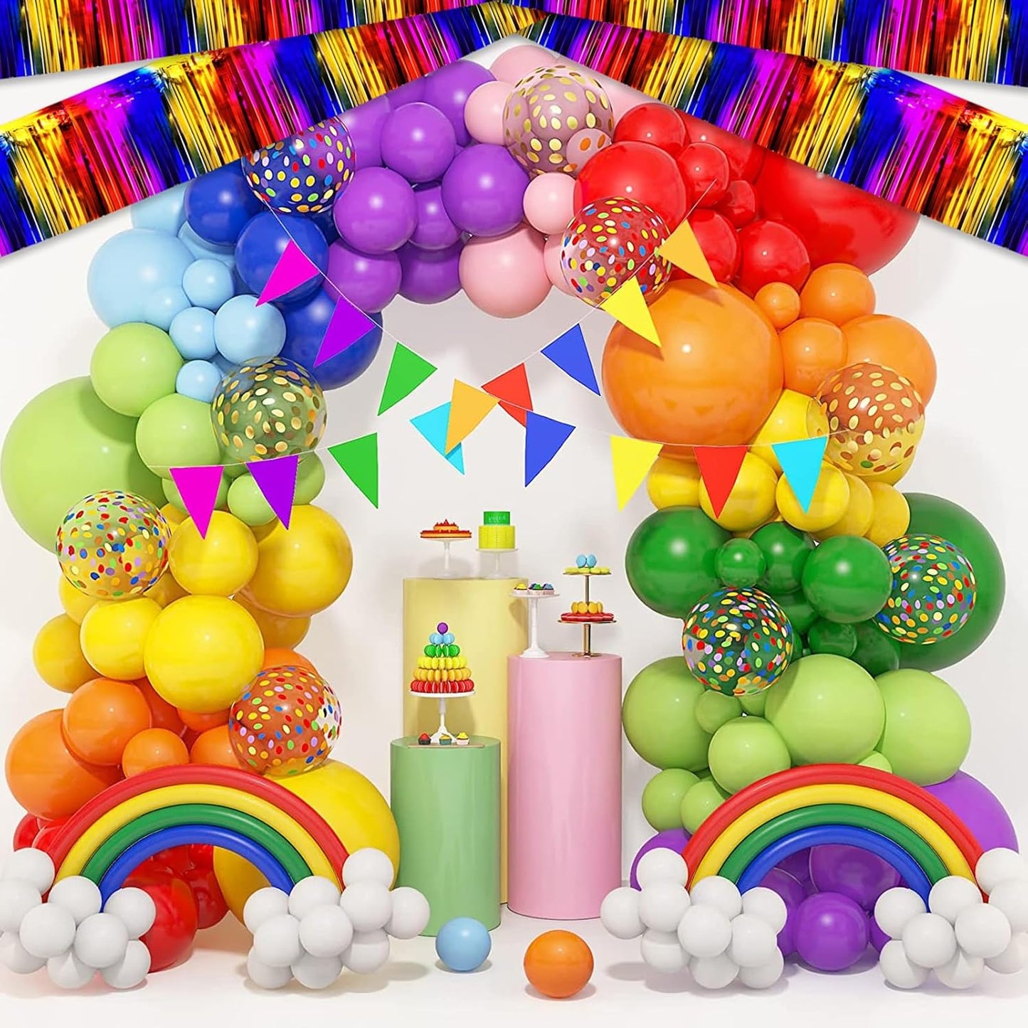 4 Pack 10 Feet Rainbow Foil Fringe Garland Metallic Tinsel Streamers Banner Wall Hanging Curtain Backdrop for Parade Floats, Wedding, Graduate, Mother's Day, Birthday Party Decoration