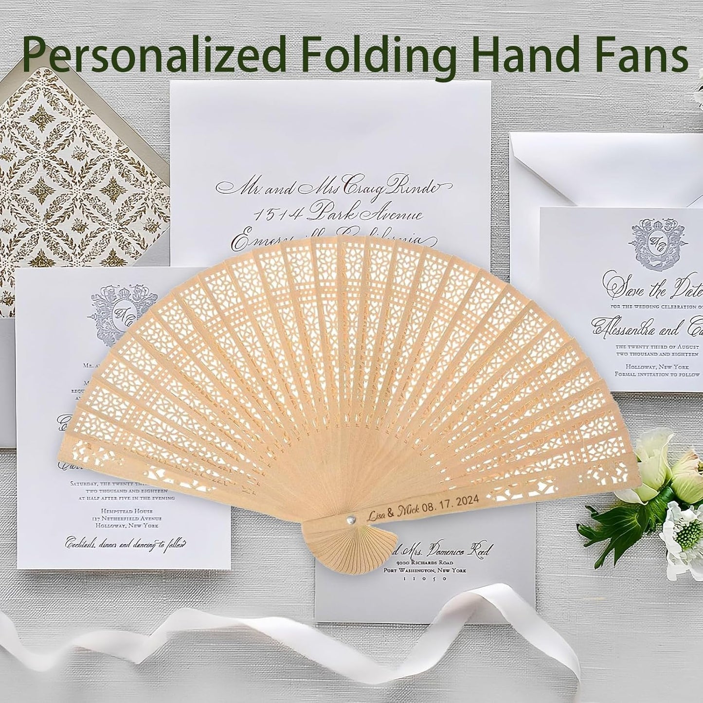 100Pcs Wedding Fans Personalized Folding Hand Fans Custom Sandalwood Wedding Fans with Organza Bags Wedding Party Favor Wedding Fans for Guests (100)