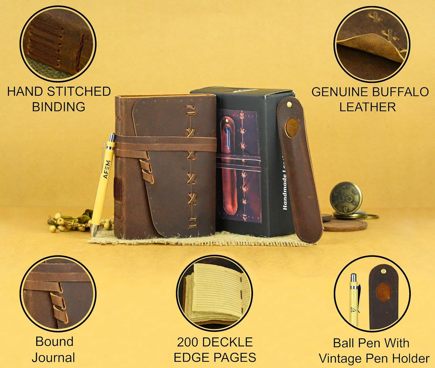 Leather Journal Notebook for Men & Women Daily Vintage Leather Bound Journal Travel Notebook 200 Deckle Edge Lined Paper Diary Writing Journal Travelers Scrapbook Poetry Sketchbook Leather Gifts with