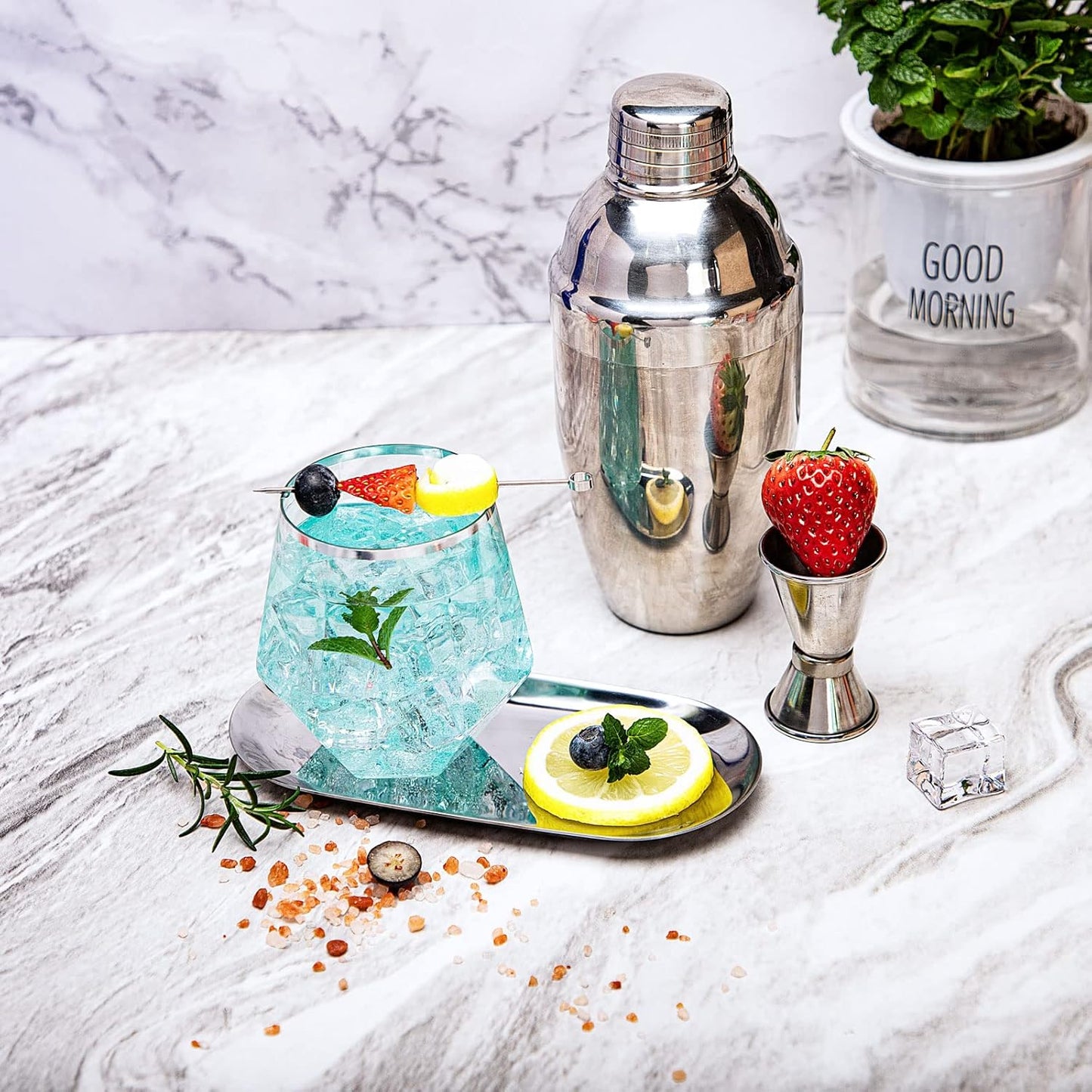 LUODA Silver Diamond Shaped Plastic Stemless Wine Glasses Set of 24, Disposable 12 Oz Silver Plastic Whiskey Glasses for Birthday, Housewarming and Wedding