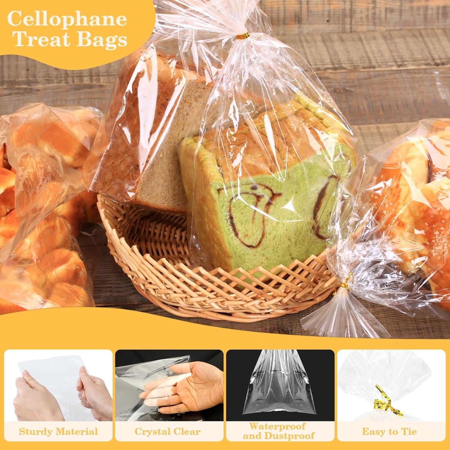 100 PCS Cellophane Treat Bags, Cidenbio 9x12 In Clear Cellophane Gift Bags with Twist Ties Plastic Goodie Bag for Party Favor Cookie Candy Popcorn Bakery Chocolate Gift Wrapping