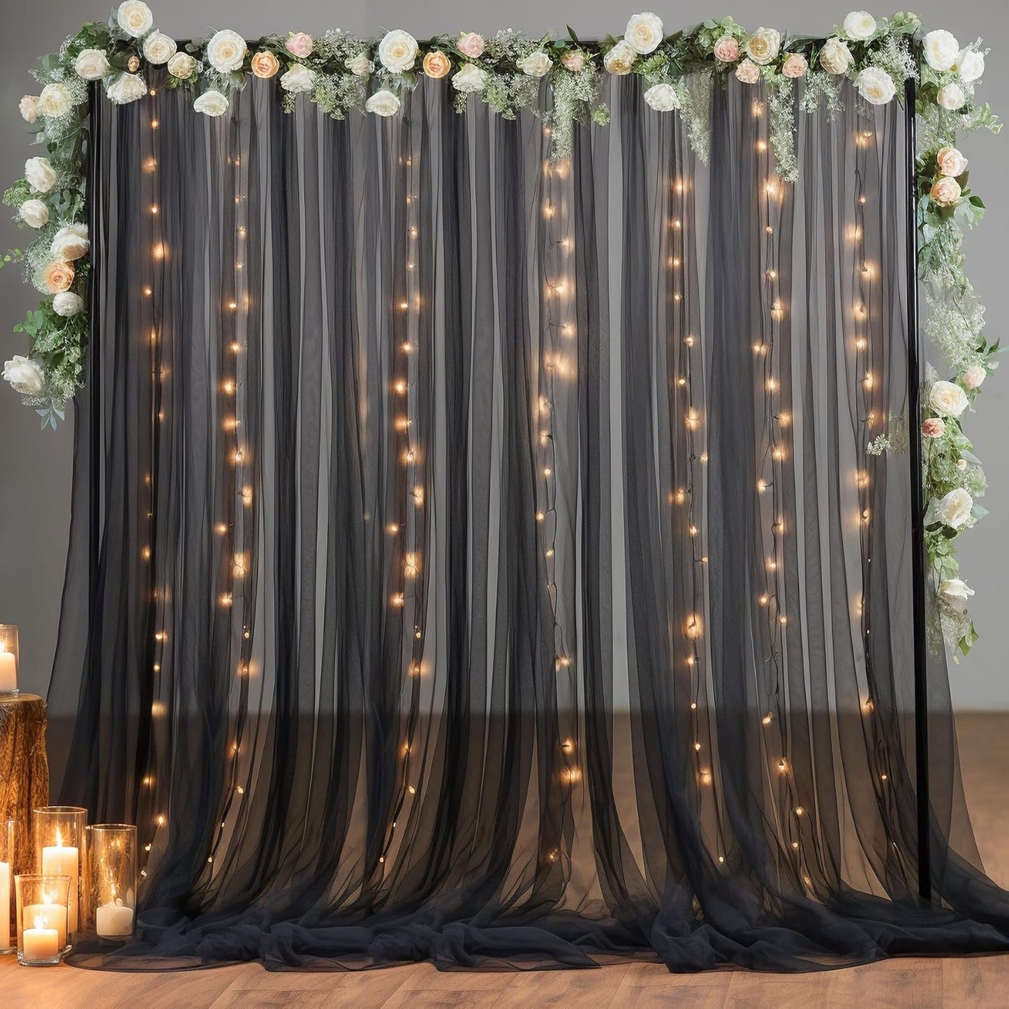 10×10ft Black Tulle Backdrop Curtain with Lights String for Parites, Sheer Photo Backdrop Curtains for Wedding Party Photography Background