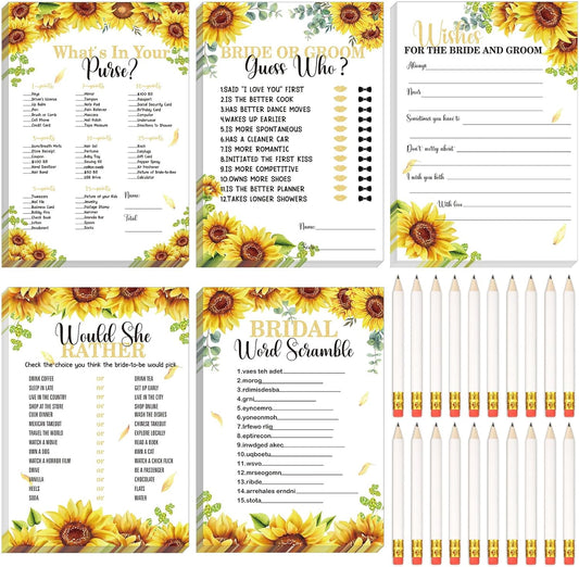 Teling 145 Pieces Bridal Shower Game Bridal Shower Favors Set Wedding Games Cards and Pencils for Bride Groom Bachelorette Party Wedding Party Favor(Sunflower Style)