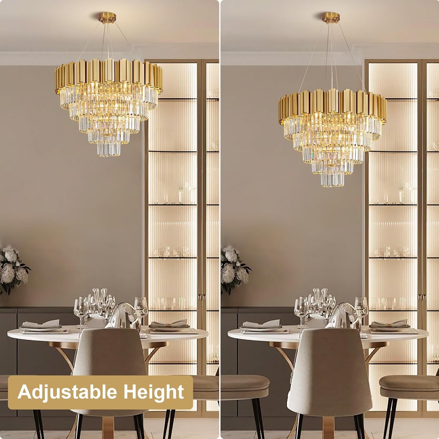 Modern Crystal Chandelier, 27.5" Gold Chandelier for Dining Room, 9-Light Luxury Round Chandeliers, 5-Tier Contemporary Light Fixture for Living Room, Bedroom, Foyer, Entryway