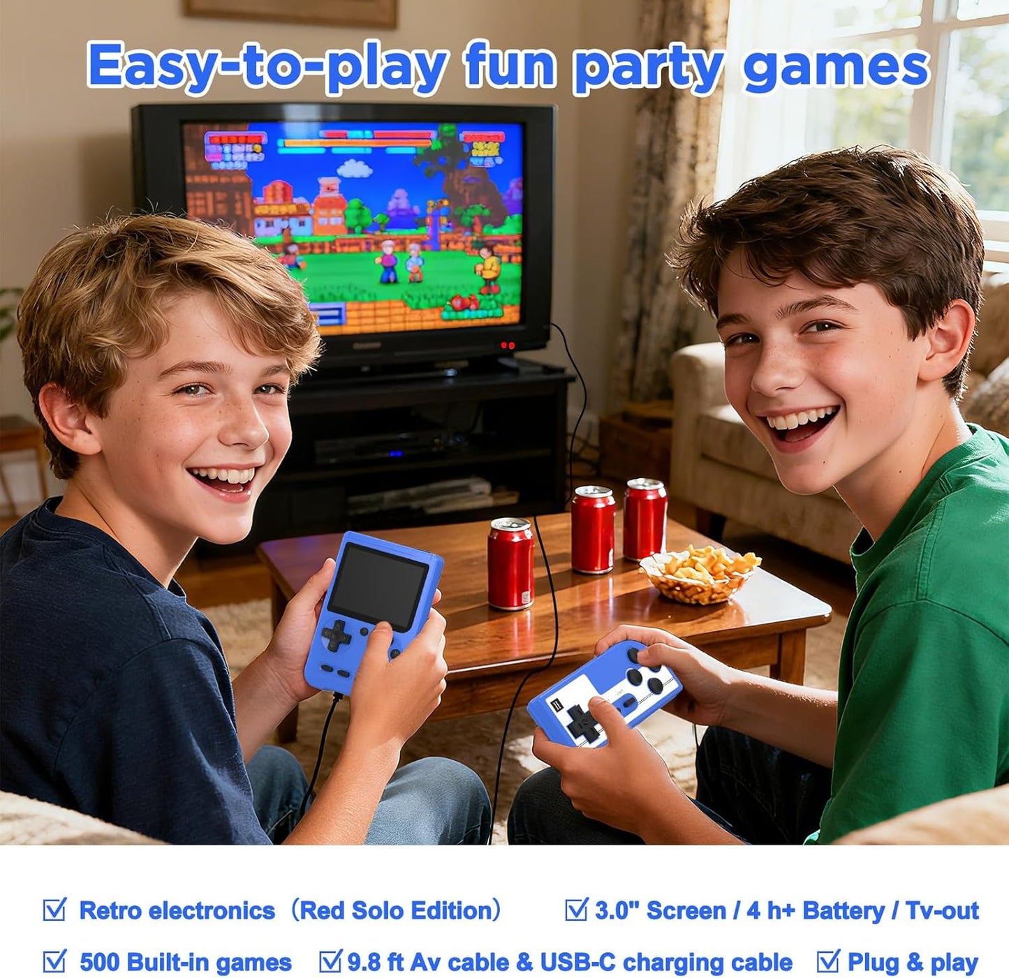 Retro Handheld Game Console, 3-inch LCD Screen Portable Game Console with 500 Built-in Classic Games ,1200mAh Rechargeable Battery, Plug & Play Video Games, Suitable for Adults - Blue