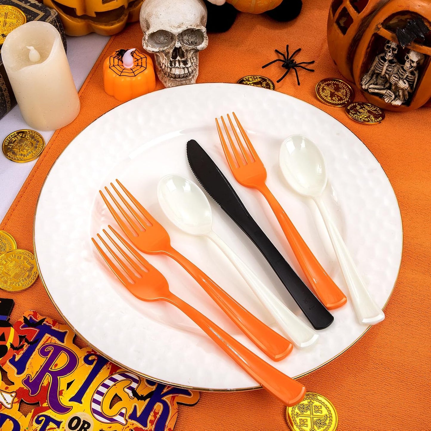 NOCCUR 180PCS Halloween Plastic Silverware Set - Tricolor Flatware Disposable Supplies Include 60 Black Knives, 60 Orange Forks, 60 White Spoons - Ideal for Halloween Party