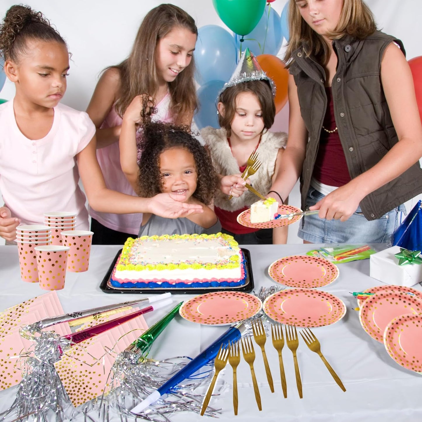 Sveikie160 Pcs Pink And Gold Paper Plates, Birthday Cake Party Plates And Napkins, Wedding Disposable Utensils For Birthday Graduation Wedding And Holiday Celebrations Serves 40 (Pink)