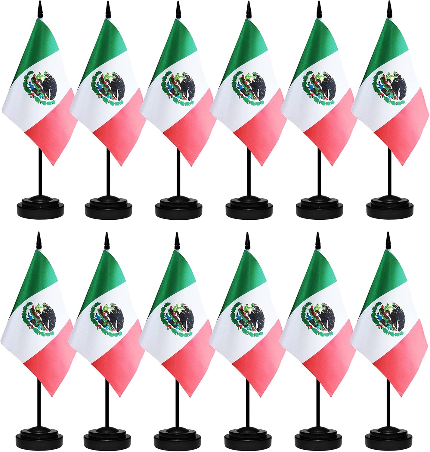 12 Pack Mexico Desk Flags Set, Mexican Small Mini Table Office Flags with 12" Solid Black Pole, 8.2 x 5.5 Inches, Home and Office Decoration, Festival Celebrations