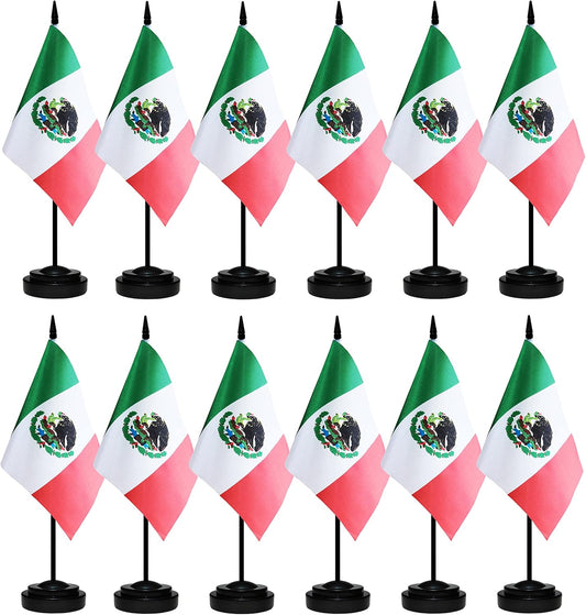 12 Pack Mexico Desk Flags Set, Mexican Small Mini Table Office Flags with 12" Solid Black Pole, 8.2 x 5.5 Inches, Home and Office Decoration, Festival Celebrations