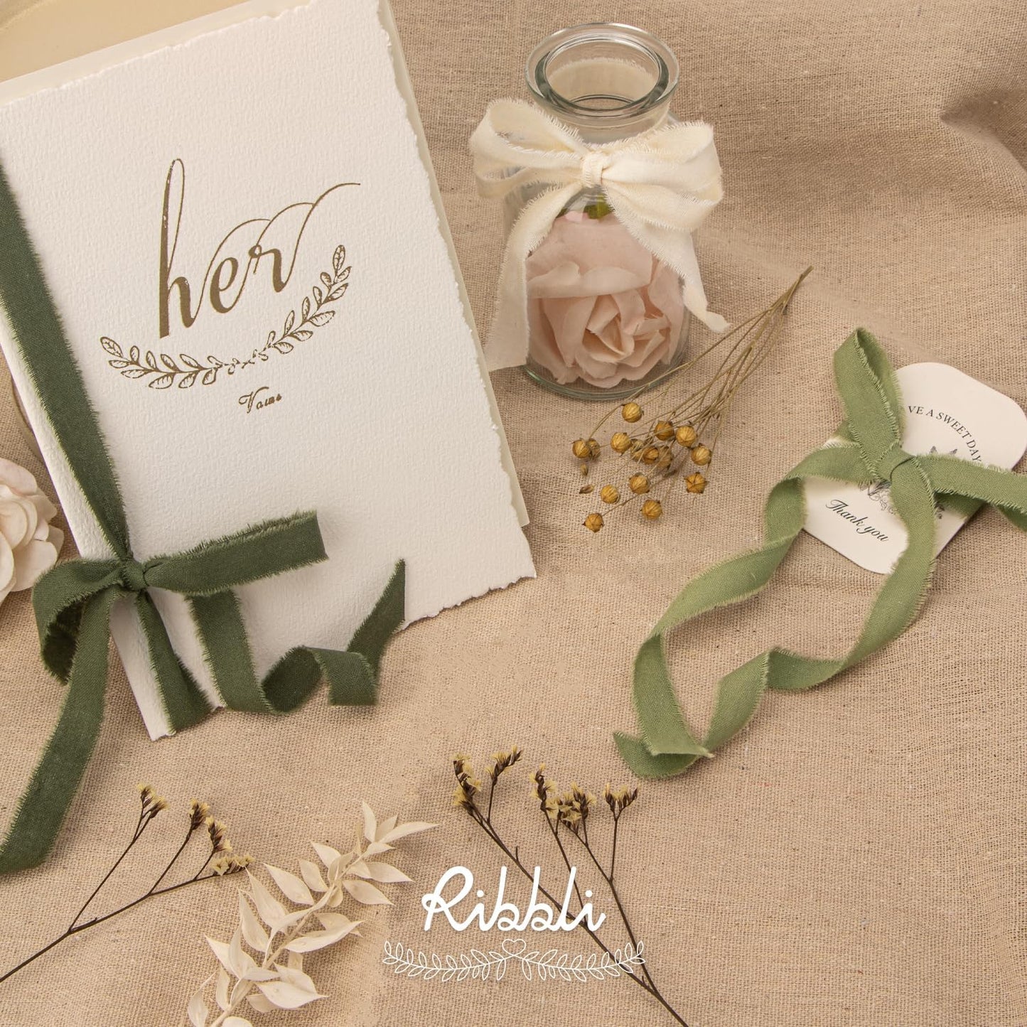 Ribbli 3 Rolls Green Ribbon 5/8 Inch x 18Yards Ivory Sage Moss Handmade Cotton Frayed Fringe Ribbons for Gift Wrapping Wedding Invites Bridal Bouquets Baby Shower DIY Crafts Home Decor