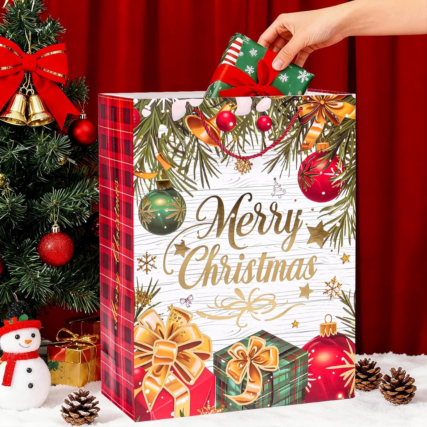 LYLIN 4Pcs 16" Large Christmas Gift Bags with 8 Tissue Papers, Reusable Christmas Tote Bags with Handles, Bulk Xmas Treat Bags for Wrapping Gifts, Party Favors and Holiday Decor