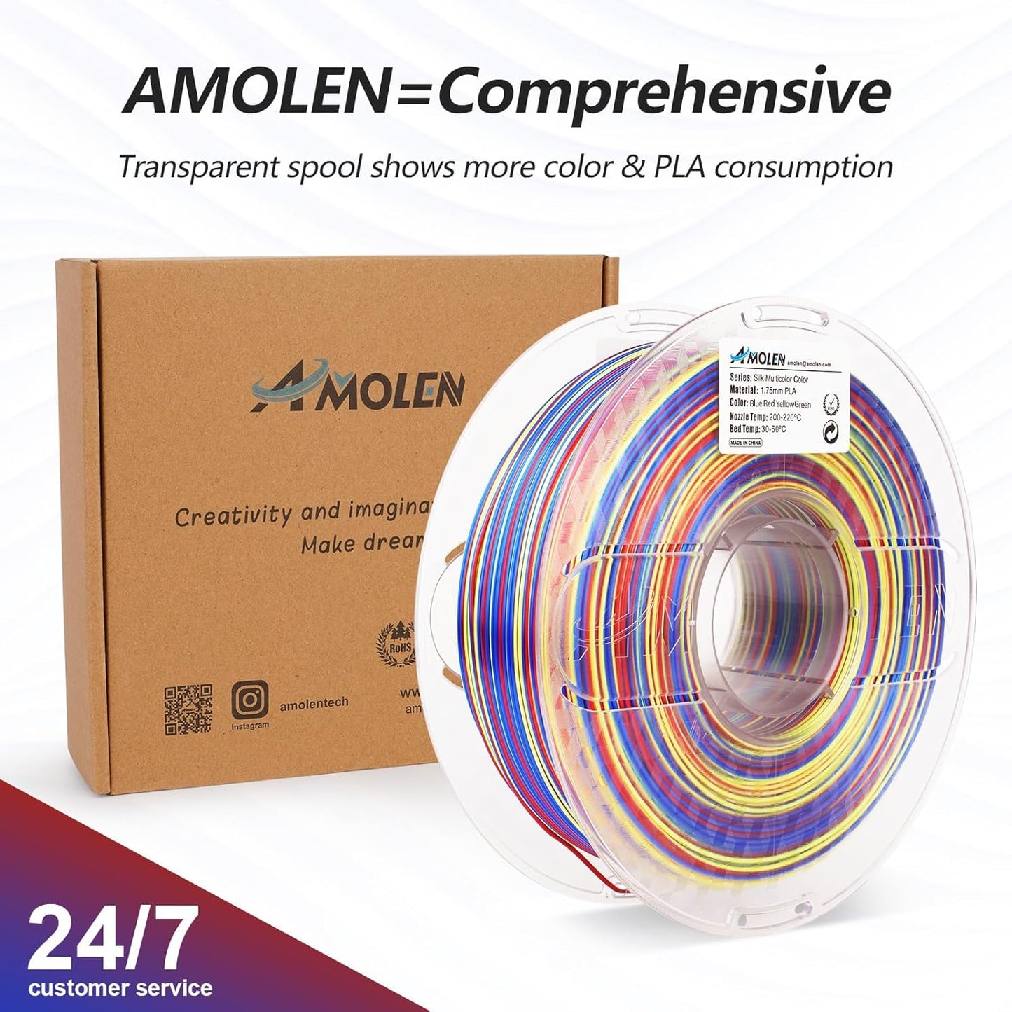 AMOLEN Silk PLA 3D Printer Filament, Shiny Multicolor Rainbow PLA Filament 1.75mm, Fast Color Change PLA 3D Printing Filament for Most FDM 3D Printer, Blue Red YellowGreen