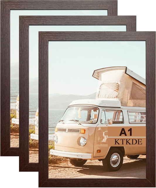 KTKDE A1 Poster Frame 3 Pack, 23.4x33.1 Walnut Woodgrain, Vertical & Horizontal Wall Hanging Large Picture Frame for Photos, Posters & Art Prints Perfect for best gifts and Home Decor