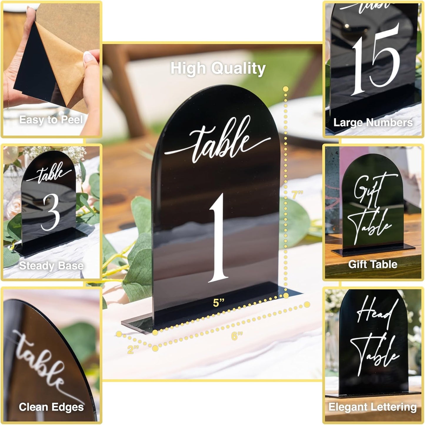 Black Arch Acrylic Table Numbers for Wedding Reception - 5" x 7" White Font Centerpiece Set with Holder Stands & Head Table Sign - Anniversary, Event, Party, Wedding set 1-10