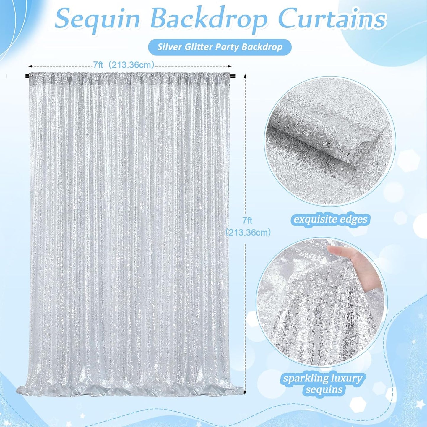 Silver Sequin Backdrop 7ft x 7ft Glitter Photo Booth Backdrop Curtains for Wedding Birthday Baby Shower Event