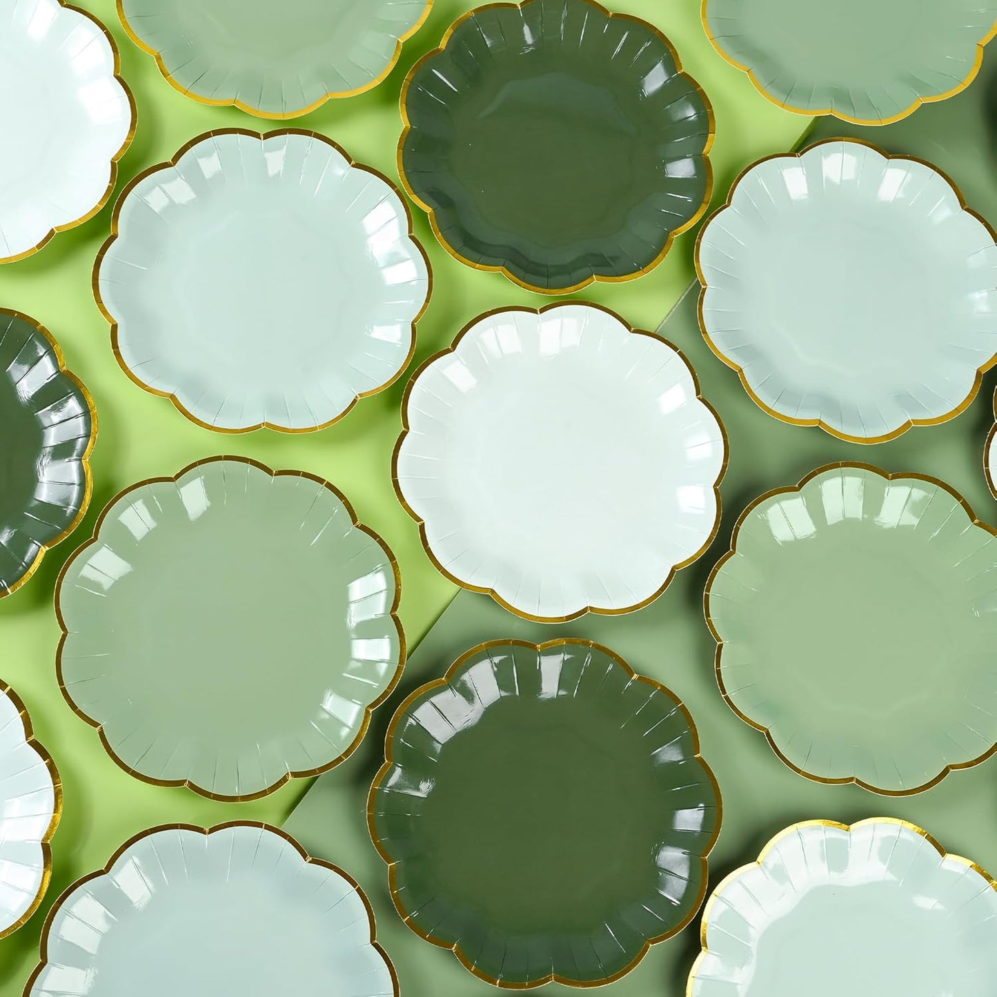 Sage Green Party Plates Gradient Green Dessert Paper Plate 7inch Gold Foil Scalloped Edge Disposable Cake Plates for Christmas Birthday Bridal Baby Shower Wedding Party Supplies (48)