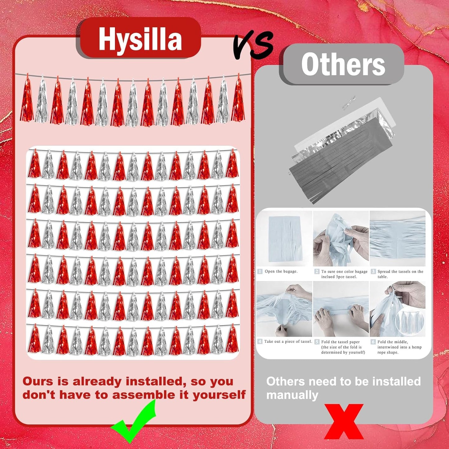 3P Red Silver Foil Fringe Metallic Tassel Streamers Banner Tassel Garland for Parade Floats, Bachelorette, Wedding, Birthday, Halloween, Christmas, Bridal/Baby Shower Party Decorations