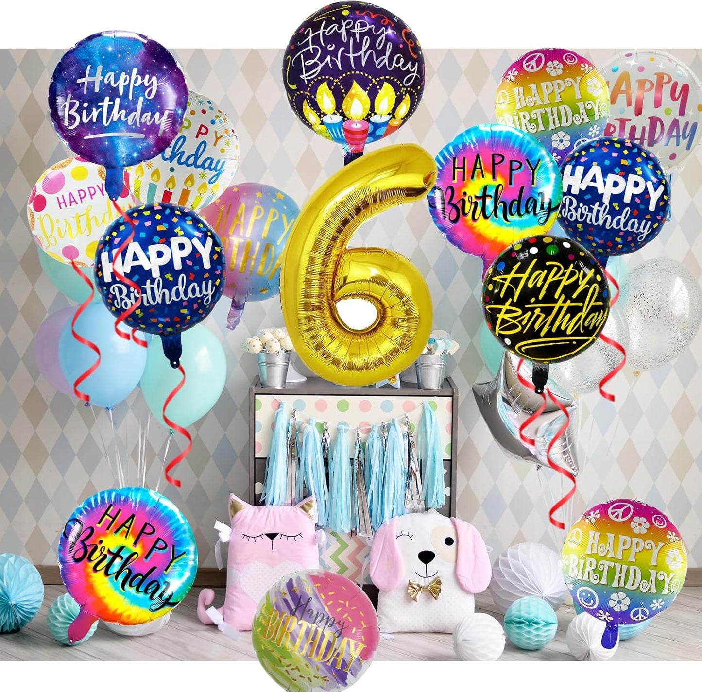 50 Pcs Happy Birthday Party Aluminum Foil Balloons and 6th Balloons, 18 Inch Round Aluminum Foil Balloon with" Happy Birthday" Sign, Birthday Decorations for Boys/Girls (Yellow, 6)