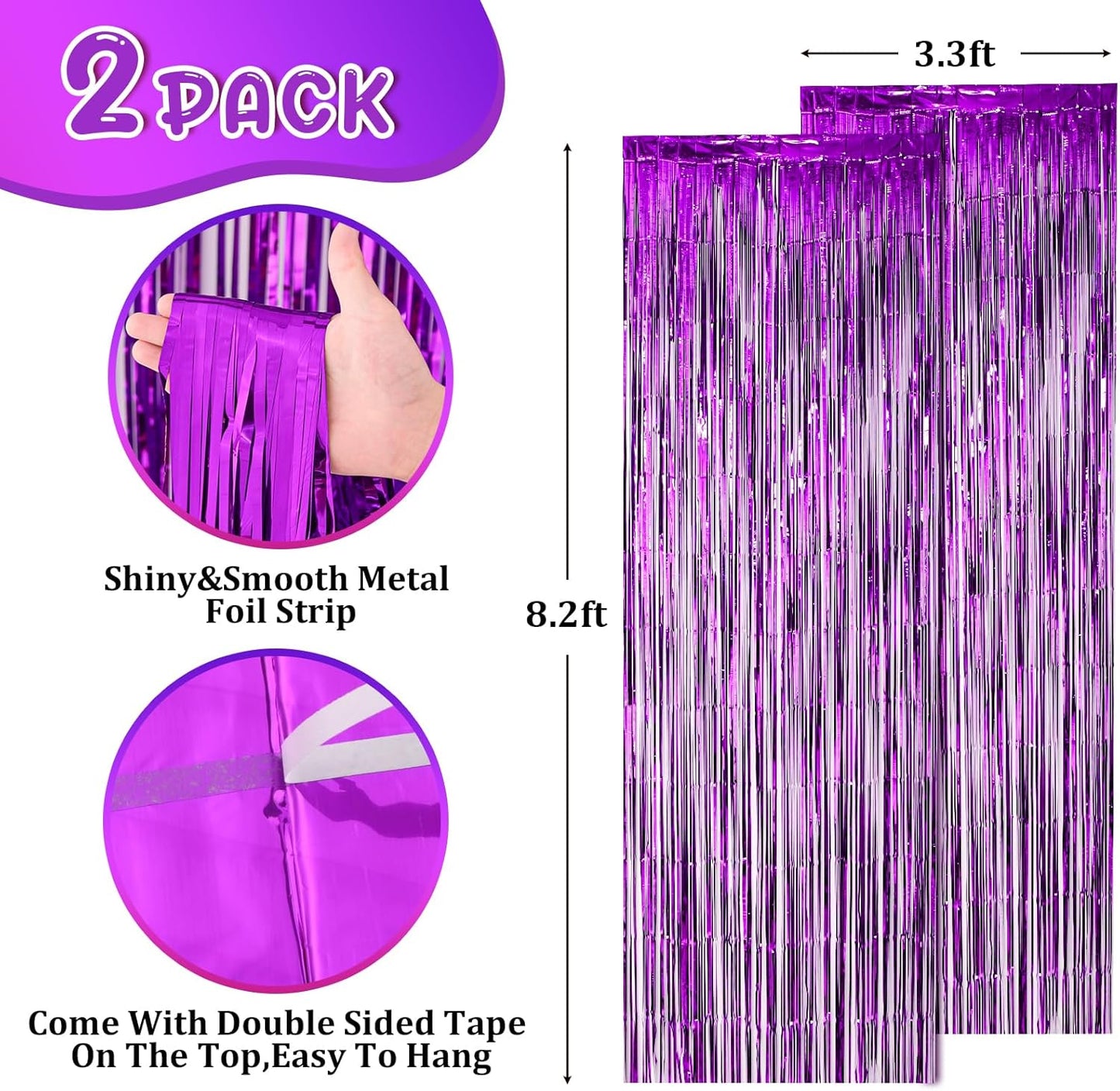 2 Pack Purple Foil Fringe Backdrop Curtains, Tinsel Streamers Birthday Party Decorations, Fringe Backdrop for Graduation, Baby Shower, Gender Reveal, Disco Party