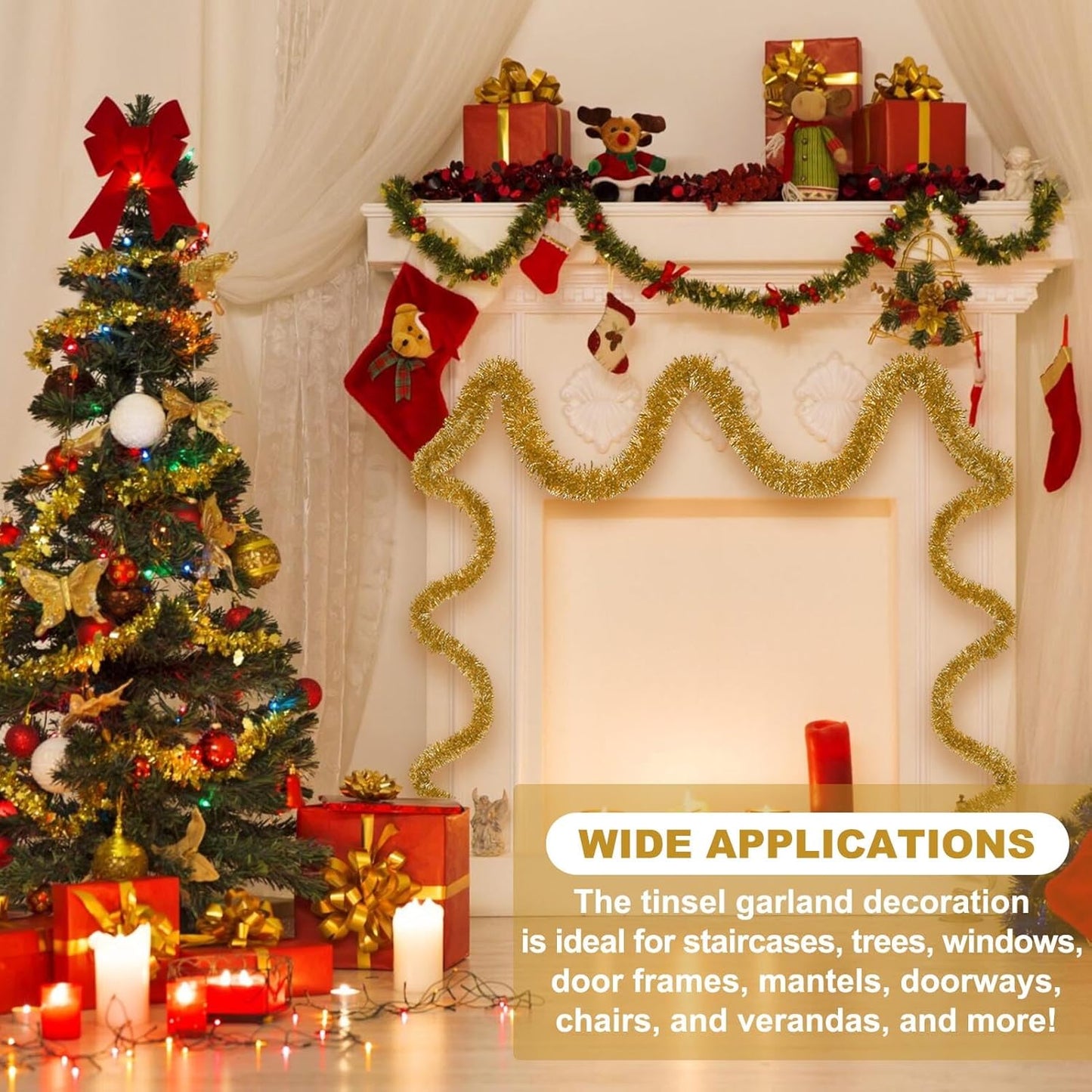 50 Feet Champagne Gold Christmas Tinsel Garland, Metallic Foil Twist Banner Wall Hanging Tinsel Streamers Backdrop for Parade Floats, Christmas, Mother's Day, Birthday Party Decorations(2in x 50ft)