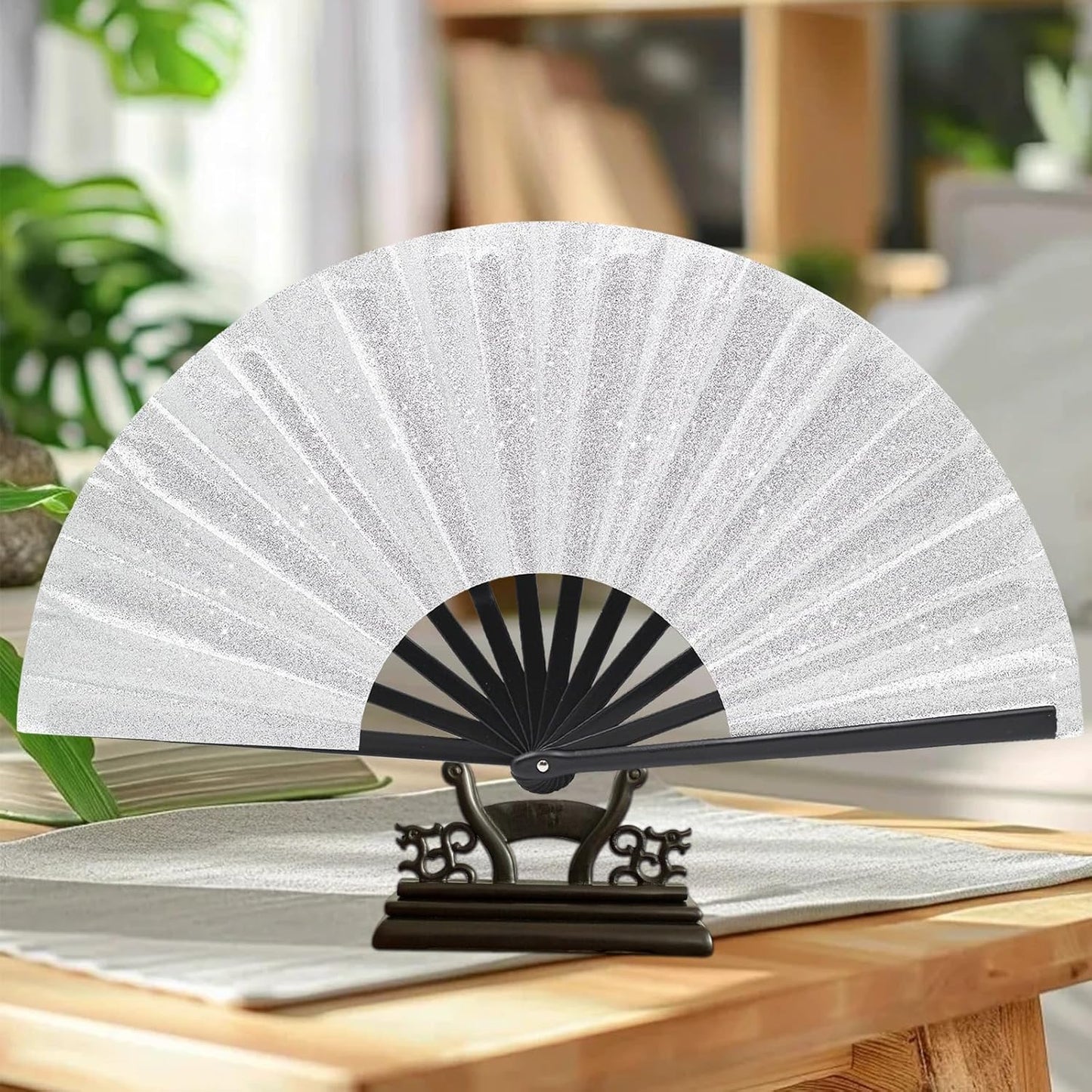 Glitter bling Large Folding Fan-Hand Fan Rave Clack Popping Fan for Line Dancing Clacking Fans for Boots On The Ground Dance, Party for EDM, Music Festival, Hot Flashes, Party, Decoration(3pcs silver)