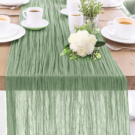 1-Pack Sage Green Cheesecloth Table Runners – 10FT (35x120 Inch) Boho Rustic Gauze Fabric Cheese Cloth Table Runner for Weddings, Baby Showers, Bridal Shower, Farmhouse & Birthday Party Decor