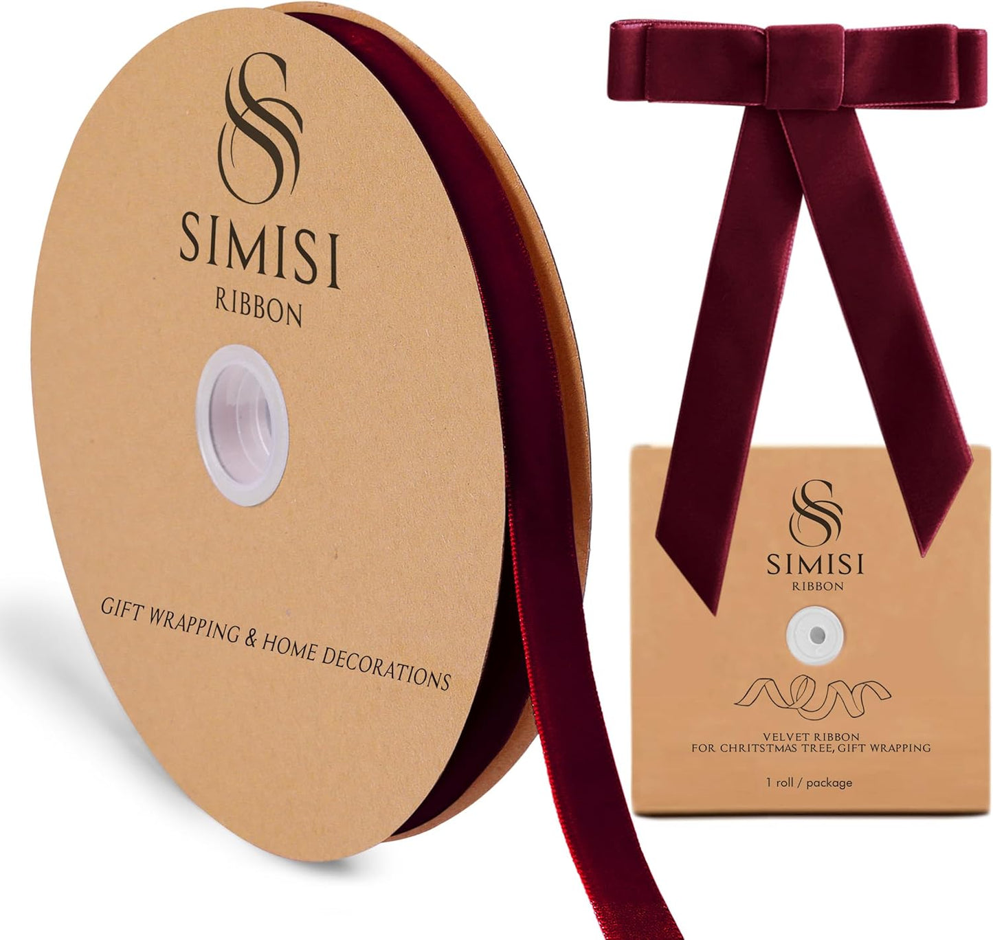 Burgundy Velvet Ribbon 5/8'' 25 Yards for Christmas Tree, Gift Wrapping, Flower Bouquet, Wreath Decorations, Bow Making